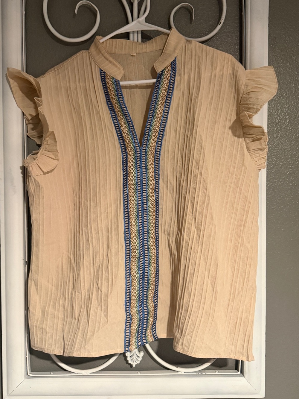 Beige Embroidered Ruffle Sleeve Women's Top